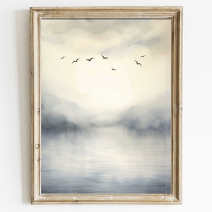 抽象的な湖と鳥の壁アート、抽象的な自然のプリント、水彩風景画、静かな室内装飾、印刷可能なリビングルームアート