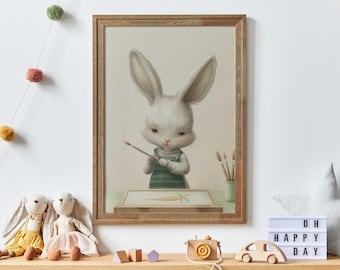Hase Kinderzimmer Wandbild, Tierbild fürs Kinderzimmer, Süßer Hase Druck, Kaninchen Malerei, wunderliche Hase Dekor, DRUCKBARE Kinderzimmer Kunst