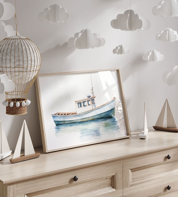 Fishing Boat Art Print, Nautical Nursery Decor, Vintage Nautical Art, Boat Print, Watercolor Boat, Sail Boat Print, Printable Kids Wall Art