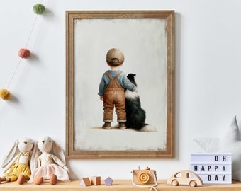 Border Collie Nursery Decor, Boy and Dog Art Print, Dog Nursery Art, Toddler Decor Boy, Puppy Nursery Print,  Printable Kids Art