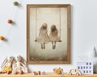 Sisters Wall Art, Sister Room Decor, Vintage Nursery Art, Sister Print, Girls on Swing Print, Best Friends Wall Art, PRINTABLE Girl Wall Art