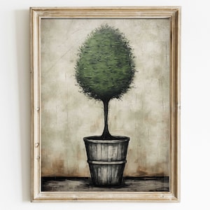 May include: A framed painting of a green topiary tree in a gray pot. The background is a textured, beige canvas.