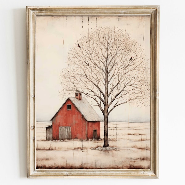 Red Barn Print, Rustic Vintage Farmhouse Décor, Vintage Countryside Print, Old Barn Painting, DIGITAL Printable Country Style Home Decor