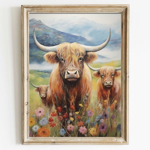Highland Cow Wall Art, Country Style Cow Painting, Farmhouse Wall Art, Farm Animal Print, Printable Rustic Country Style Home Decor