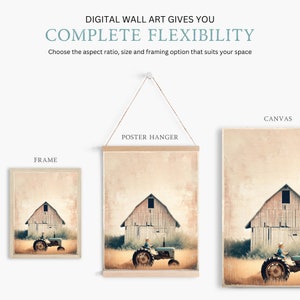 Puede incluir: Una impresi&oacute;n de arte de pared digital que presenta una ilustraci&oacute;n de estilo vintage de un granero rojo y un tractor en un campo. La impresi&oacute;n se muestra en tres opciones de enmarcado diferentes: un marco, un colgador de p&oacute;ster y un lienzo.