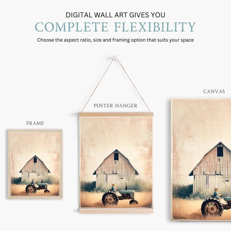 Puede incluir: Una impresi&oacute;n de arte de pared digital que presenta una ilustraci&oacute;n de estilo vintage de un granero rojo y un tractor en un campo. La impresi&oacute;n se muestra en tres opciones de enmarcado diferentes: un marco, un colgador de p&oacute;ster y un lienzo.