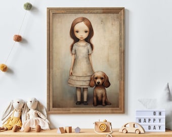 Girly Wall Art, Girl and Dog Print, Puppy Nursery Wall Decor, Unique Vintage Girl's Room Decor, Printable Animal Nursery Wall Art