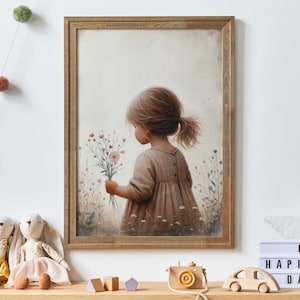 Girly Wall Art Print, Art for Girls Nursery or Bedroom, Toddler Girl with Flowers Painting, Wildflower Nursery Decor, Printable Wall Art