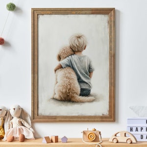 Könnte beinhalten: Ein gerahmter Aquarelldruck zeigt ein Kind, das einen flauschigen, hellbraunen Hund umarmt. Das Kind, von hinten gesehen, trägt ein graues Hemd und Jeans. Das Kunstwerk befindet sich in einem Holzrahmen, und die Szene weckt Wärme und Zuneigung. Die Worte "OH HAPPY DAY" werden auf einer Leuchtbox angezeigt.