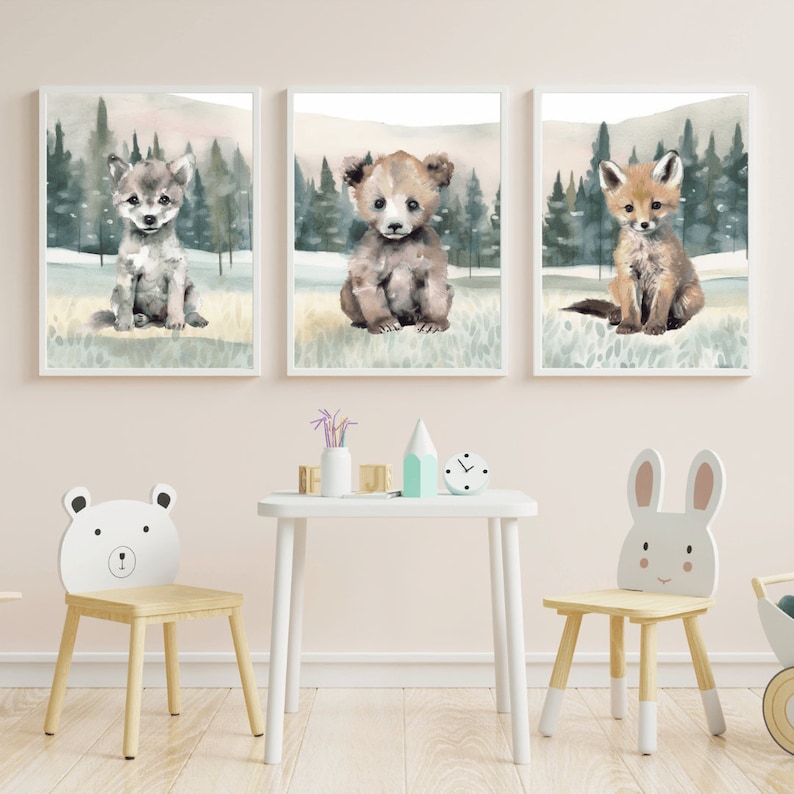 Woodland Baby Animal Nursery Wall Art, Bear, Wolf & Fox Prints ...