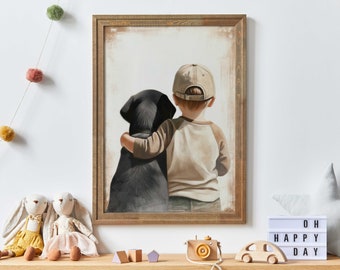 Labrador Nursery Decor, Boy & Dog Art Print, Black Lab Print, Dog Nursery Decor, Toddler Decor Boy, Dog Decor Boys Room, Printable Dog Decor