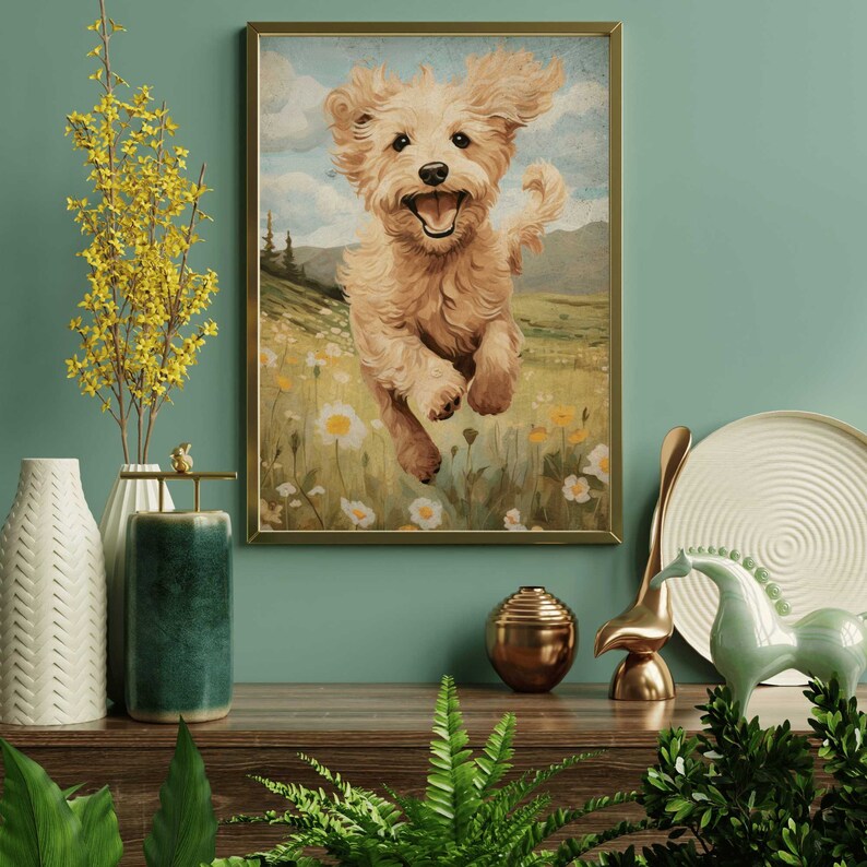 May include: A painting of a golden brown dog running through a field of wildflowers. The dog is smiling and has its tongue sticking out. The background is a green field with blue sky and white clouds.
