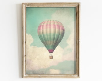 Vintage Hot Air Balloon Wall Art - Digital Printable Decor, Sky and Clouds, Retro-Inspired, Muted Pastel Colored Home Decor