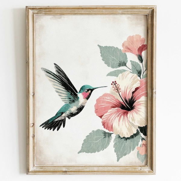 Hummingbird Print, Hummingbird Painting, Colibri Art Print, Vintage Bird Wall Art, Hibiscus Art, Rustic Home Decor, Printable Animal Art