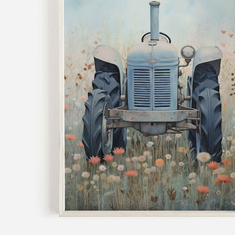 May include: A blue vintage tractor sits in a field of wildflowers. The tractor has a large grill and a single headlight. The wildflowers are in shades of pink, white, and yellow.