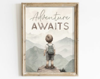 Nursery Quote Boy, Adventure Awaits Print, Boy Adventure Nursery Decor, Mountain Nursery Decor, Quote for Boys Room, Printable Nursery Art