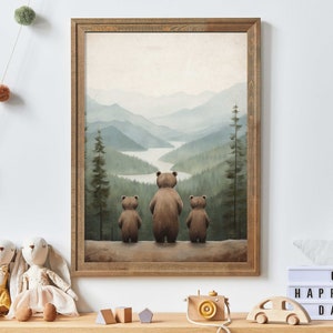 Bear Nursery Wall Art, Bear Family Print, Adventure Kids Room Decor, Woodland Animal Painting, Gender Neutral Printable Wall Art