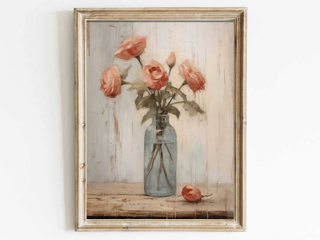 Rustic Floral Print, Pink Rose Wall Art, Vintage Rose Print, Flowers in