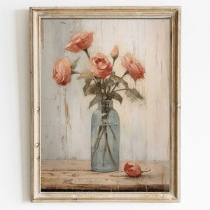 Estampa floral rústica, arte de parede de rosas cor-de-rosa, estampa de rosas vintage, flores em vaso, arte em estilo country, decoração de casa de fazenda, arte para impressão