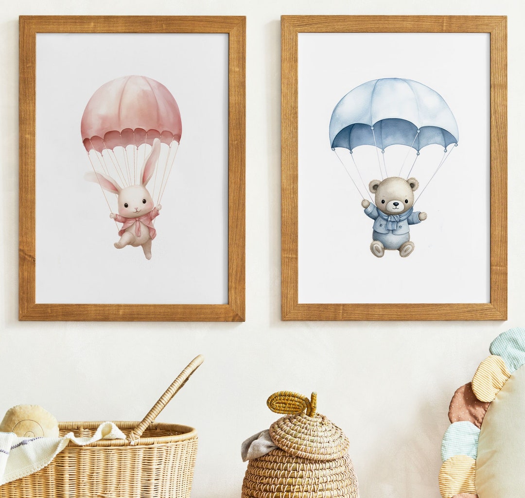 Cute Bunny & Bear Nursery Art Print, Pink and Blue Hot Air Balloon ...