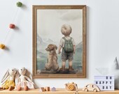 Golden Retriever Print Nursery, Boy & Dog Painting, Golden Retriever Portrait Kids, Puppy Nursery Wall Art, Printable Dog Wall Art for Boy