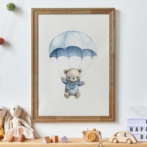 Cute Bear Nursery Art, Bear in Parachute, Blue Hot Air Balloon Nursery Print, Nursery Decor, Baby Shower Gift Boy, PRINTABLE Baby Room Decor
