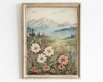 Wildflower and Mountain Wall Art, Vintage Nature Print, Mountain Painting, Rustic Landscape Painting, Printable Landscape Wall Art