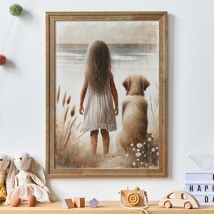 Golden Retriever Print, Girl & Dog Painting, Golden Retriever Nursery Art, Girl Room Dog Decor, Golden Retriever Portrait, PRINTABLE Dog Art