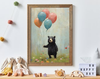 Bear Holding Balloons, Printable Vintage Nursery Print, Bear