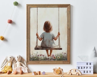 Little Girl on a Swing, Toddler Room Decor Girl, Wildflower Nursery Girl, Vintage Girls Room Art, Rustic Nursery Decor, Girl Wall Art