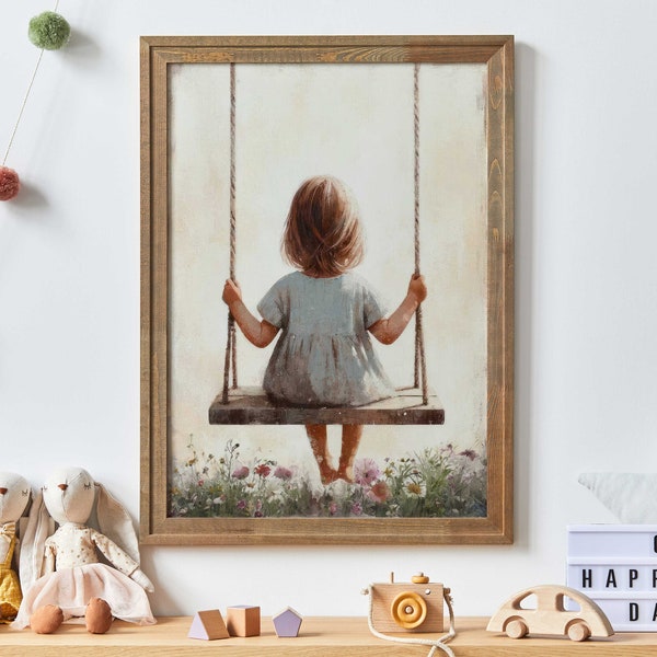 Little Girl on a Swing, Toddler Room Decor Girl, Wildflower Nursery Girl, Vintage Girls Room Art, Rustic Nursery Decor, Girl Wall Art