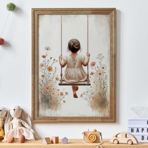 Girl on a Swing Print, Girly Wall Art, Wildflower Nursery, Little Girl Decor, Vintage Nursery, Rustic Nursery Decor, PRINTABLE Girl Wall Art