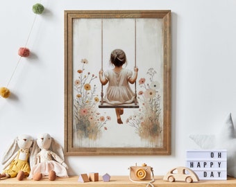 Girl on a Swing Print, Girly Wall Art, Wildflower Nursery, Little Girl Decor, Vintage Nursery, Rustic Nursery Decor, PRINTABLE Girl Wall Art
