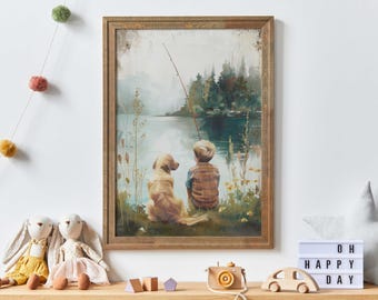 Golden Retriever Boy Nursery Decor, Boy Golden Retriever Painting, Dog Decor Boys Room, Fishing Wall Art, Lake Nursery, Printable Dog Art