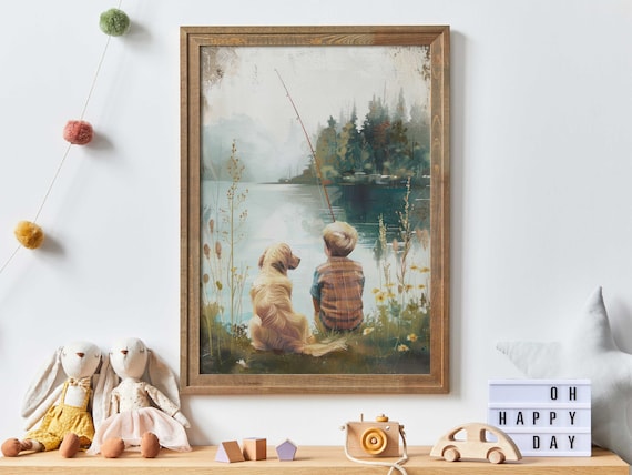 Golden Retriever Boy Nursery Decor, Boy Golden Retriever Painting, Dog Decor Boys Room, Fishing Wall Art, Lake Nursery, Printable Dog Art