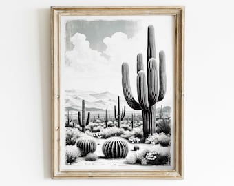 May include: Black and white illustration of a desert landscape with a large saguaro cactus in the center. The cactus is surrounded by smaller cacti and bushes. The background shows a mountain range and a cloudy sky.