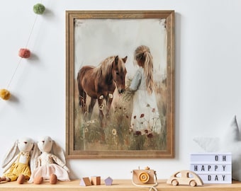 Horse Nursery Painting, Little Girl & Horse Print, Horse Gift for Girl, Vintage Nursery Wall Decor, Brown Horse Print, Printable Girl Art