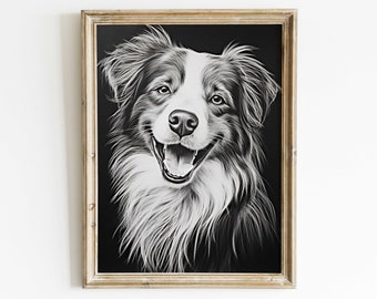 Australian Shepherd Dog Decor, Dog Line Art, Rustic Dog Decor, Aussie Owner Gift, Dark Wall Decor, Dog Portrait, Dog Drawing, PRINTABLE Art