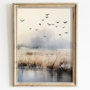 Watercolor Landscape Art, Bird Wall Decor, Abstract Nature Print, Field Art Print, Tranquil Living Room Decor,  Bird and Trees Printable Art