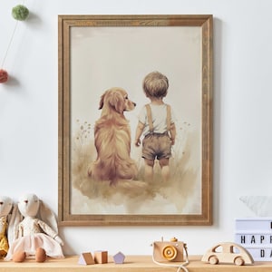 Golden Retriever Nursery Decor, Boy & Dog Art Print, Dog Painting Nursery, Toddler Room, Puppy Nursery Print, Printable Dog Art for Kids