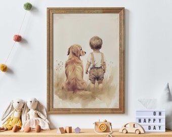 Golden Retriever Nursery Decor, Boy & Dog Art Print, Dog Painting Nursery, Toddler Room, Puppy Nursery Print, Printable Dog Art for Kids