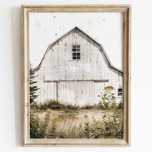 Old Barn Painting, White Barn Print, Rustic Farmhouse Decor, Vintage Countryside Print, Country Home Decor, Printable Farm Theme Wall Art