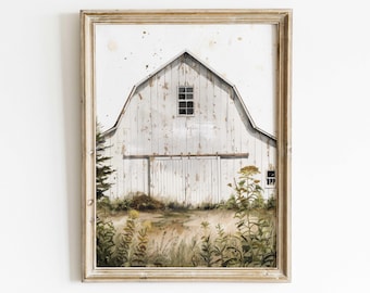May include: A framed watercolor painting of a white weathered barn with a single window and a closed double door. The barn is surrounded by tall green grass and wildflowers.
