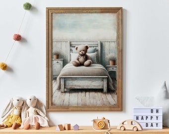 Rustic Nursery Decor, Bear Nursery Decor, Vintage Teddy Bear Print, Teddybear Painting, Baby Room Decor Neutral, PRINTABLE Nursery Wall Art