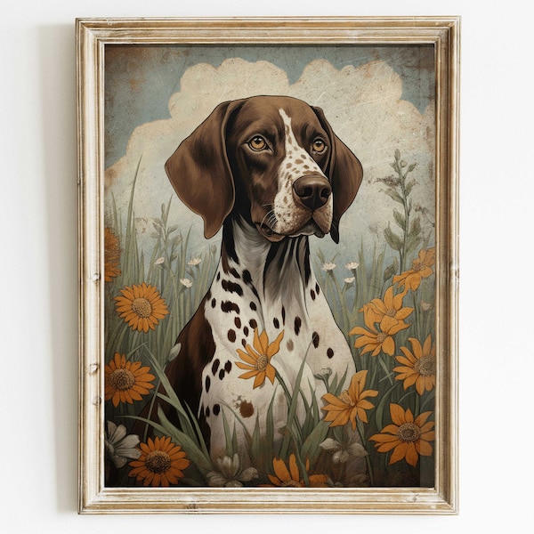 Deutsch Kurzhaar Portrait, Vintage Hundedruck, rustikales Hundedekor, Deutscher Zeiger Geschenk, DIGITAL druckbare Hundewandkunst