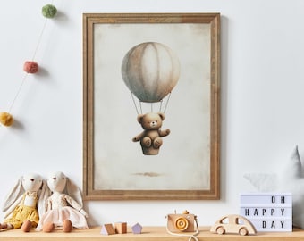 Hot Air Balloon Nursery Print, Cute Bear Nursery Art Print, Nursery Decor, Teddybear Flying Balloon, Baby Shower Gift, PRINTABLE Nursery Art