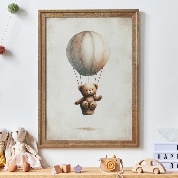 Hot Air Balloon Nursery Print, Cute Bear Nursery Art Print, Nursery Decor, Teddybear Flying Balloon, Baby Shower Gift, PRINTABLE Nursery Art