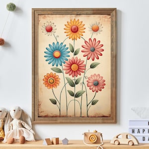 Wunderliche Blumenkindergarten-Wandkunst, Retro Blumendruck, Vintage Blumen-Wand-Dekor, Blumen-Kinderzimmer-Dekor, druckbare Spaß-Kinderzimmer-Kunst