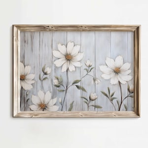 White Flower Print, Floral Wall Decor, Rustic Kitchen Art, Vintage Flower Art, Farmhouse Decor, Distressed Wall Art, PRINTABLE Floral Art