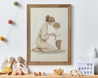 Mother and Son Print, Gift for Mothers, Mom and Child Art Print, Minimalist Mother Portrait, Mother Son Bond Art, Vintage Printable Wall Art
